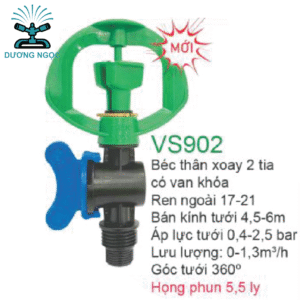 Béc Tưới VS902 – Béc Thân Xoay 2 Tia Có Van Khóa, Ren Ngoài 17-21
