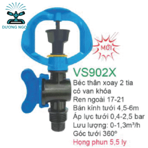 Béc Tưới VS902X – Béc Xoay 2 Tia Có Van Khóa, Ren Ngoài 17-21